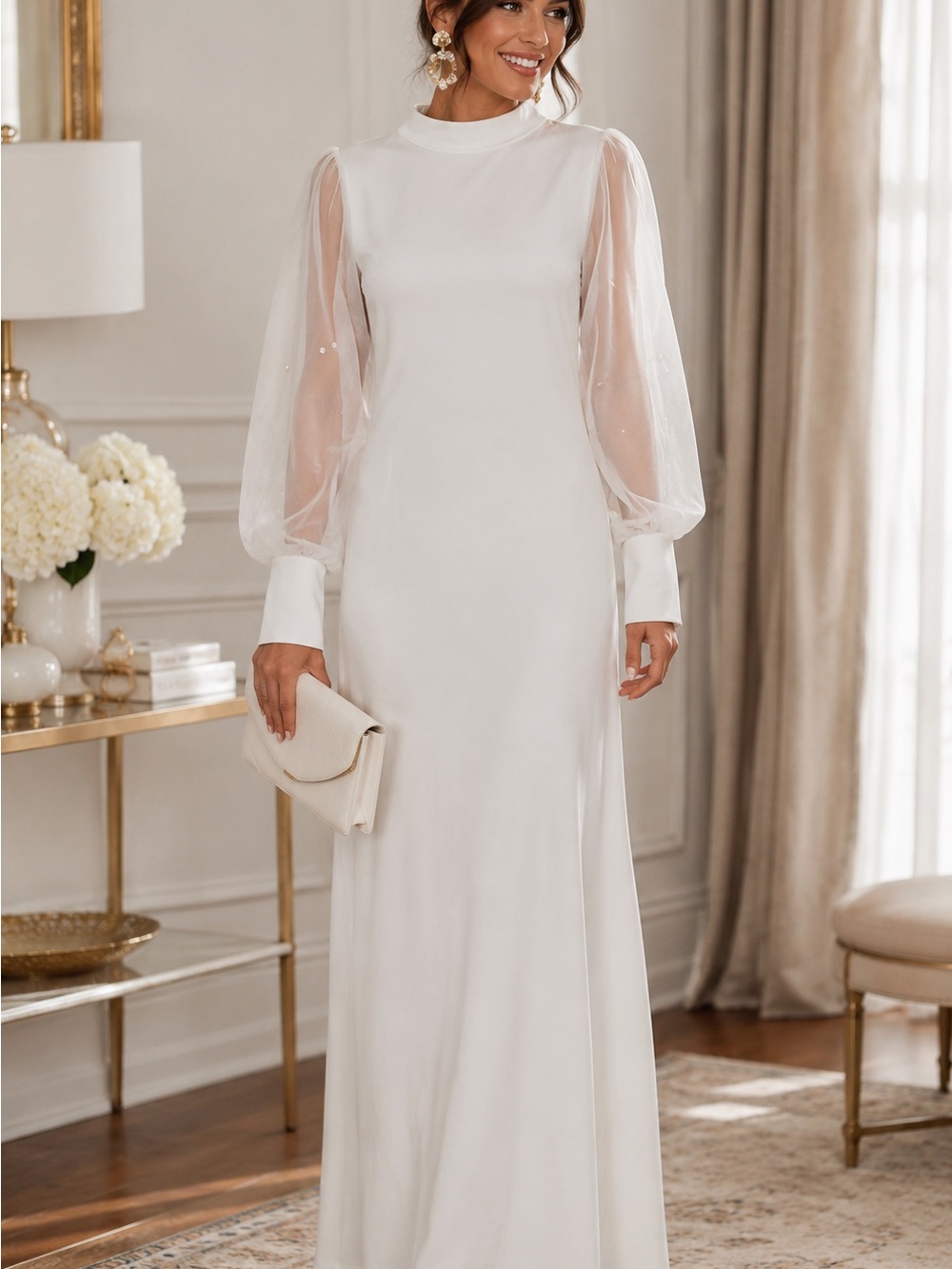 Elegant White Long Dress with Sheer Puff Sleeves